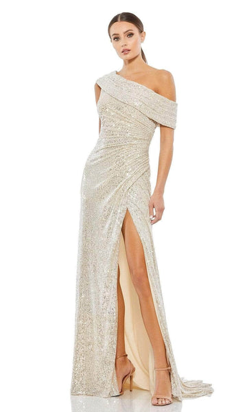 Sophisticated One Shoulder Natural Waistline Sheath Asymmetric Gathered Open-Back Slit Back Zipper Shirred Sequined Draped Fall Sheath Dress with a Brush/Sweep Train