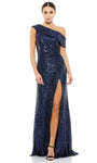 Sophisticated Open-Back Shirred Asymmetric Sequined Gathered Back Zipper Draped Slit One Shoulder Fall Sheath Natural Waistline Sheath Dress with a Brush/Sweep Train
