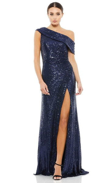 Sophisticated Sheath Natural Waistline Shirred Draped Asymmetric Slit Gathered Open-Back Sequined Back Zipper One Shoulder Fall Sheath Dress with a Brush/Sweep Train