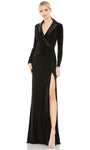 Sophisticated V-neck Natural Waistline Sheath Slit Ruched Fitted Hidden Back Zipper Floor Length Long Sleeves Jersey Sheath Dress/Evening Dress/Prom Dress