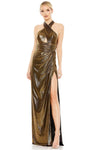 Tall Sophisticated Sleeveless Halter Sheath Natural Waistline Pleated Cutout Open-Back Slit Sheath Dress