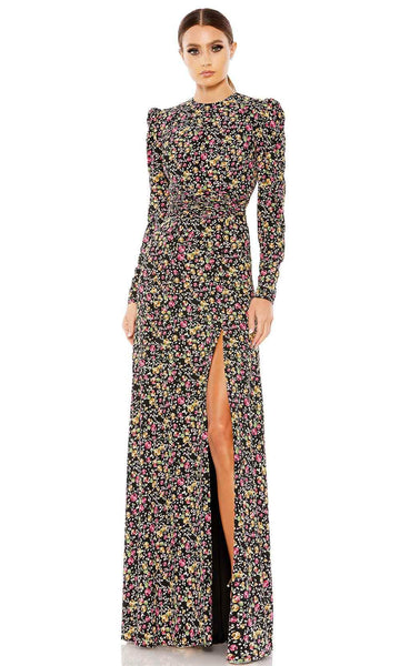 Sexy A-line Floral Print Floor Length Natural Waistline Ruched Wrap Slit High-Neck Puff Sleeves Sleeves Prom Dress