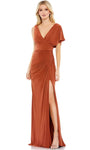 Sophisticated V-neck Natural Waistline Sheath Draped Open-Back Slit Ruched Floor Length Sheath Dress/Prom Dress with a Brush/Sweep Train