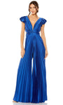 V-neck Cutout Self Tie Pleated Open-Back Lace-Up Accordion Ruched Cap Sleeves Plunging Neck Polyester Floor Length Empire Waistline Jumpsuit With Ruffles