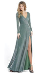 A-line V-neck Long Sleeves Wrap Back Zipper Pleated Slit Natural Waistline Floor Length Dress