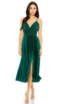 A-line V-neck Slit Pleated Back Zipper Vintage Tea Length Empire Waistline Spaghetti Strap Dress