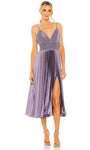 A-line V-neck Tea Length Spaghetti Strap Vintage Slit Pleated Back Zipper Empire Waistline Dress