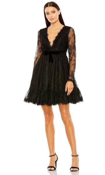 A-line V-neck Natural Waistline Lace Long Sleeves Cocktail Short Babydoll Back Zipper Sheer Plunging Neck Dress With a Bow(s)