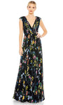 Sophisticated A-line V-neck Natural Waistline Pleated Back Zipper Cap Sleeves Floral Print Floor Length Evening Dress