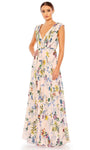 Sophisticated A-line V-neck Floral Print Natural Waistline Floor Length Back Zipper Pleated Cap Sleeves Evening Dress