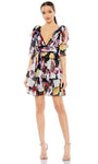 V-neck Pleated Floral Print Natural Waistline Plunging Neck Sheath Sleeveless Short Sheath Dress With a Bow(s) and Ruffles