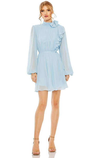 A-line High-Neck Hidden Back Zipper Pleated Fitted Sheer Ruched Cocktail Short Bishop Sleeves Natural Waistline Fit-and-Flare Dress With a Bow(s) and Ruffles
