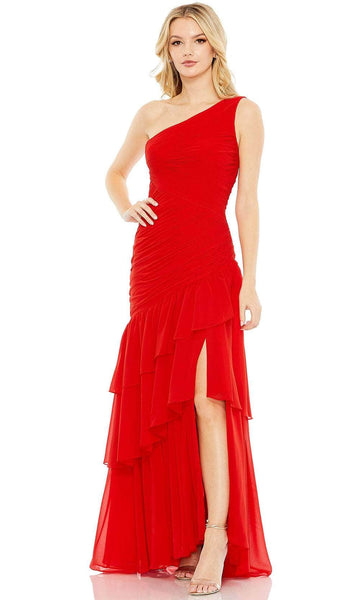 Sheath Ruched Fitted Slit Floor Length One Shoulder Natural Waistline Sheath Dress/Prom Dress With Ruffles