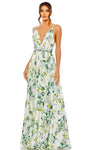 Sophisticated A-line V-neck Natural Waistline Open-Back Pleated Back Zipper Sleeveless Plunging Neck Floral Print Prom Dress