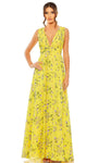 A-line V-neck Ruched Back Zipper Sleeveless Empire Waistline Plunging Neck Floral Print Dress