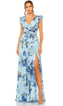 A-line V-neck Floral Print Natural Waistline Open-Back Pleated Slit Faux Wrap Back Zipper Shirred Flutter Sleeves Floor Length Evening Dress