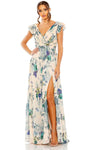 A-line V-neck Slit Pleated Faux Wrap Back Zipper Open-Back Shirred Natural Waistline Flutter Sleeves Floor Length Floral Print Evening Dress