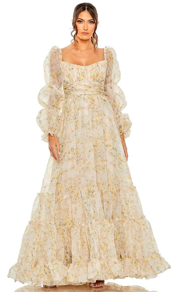 Sophisticated A-line Sweetheart Floral Print Natural Waistline Puff Sleeves Sleeves Sheer Pleated Tiered Evening Dress with a Brush/Sweep Train With Ruffles