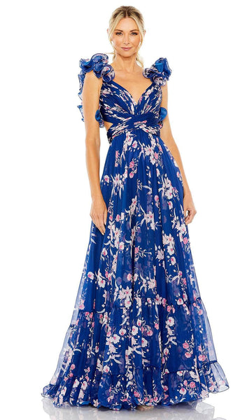 Sophisticated A-line V-neck Lace-Up Ruched Back Zipper Cap Sleeves Floor Length Floral Print Empire Waistline Dress with a Brush/Sweep Train With Ruffles