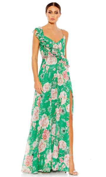 A-line V-neck Asymmetric Slit Beaded V Back Ruffle Trim Floor Length Floral Print Sleeveless Natural Waistline Prom Dress