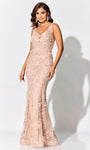 V-neck Sleeveless Natural Waistline Open-Back Embroidered Beaded Sequined Applique Mermaid Evening Dress with a Brush/Sweep Train With Ruffles