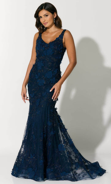 V-neck Sleeveless Beaded Sequined Applique Open-Back Embroidered Natural Waistline Mermaid Evening Dress with a Brush/Sweep Train With Ruffles
