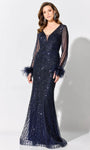 V-neck Sheath Fitted Sequined Beaded Sheer Tulle Natural Waistline Long Sleeves Plunging Neck Sheath Dress/Evening Dress with a Brush/Sweep Train