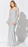 V-neck Tulle Fitted Sheer Sequined Beaded Long Sleeves Plunging Neck Natural Waistline Sheath Sheath Dress/Evening Dress with a Brush/Sweep Train