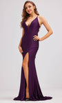 Sexy Sophisticated V-neck Natural Waistline Mermaid Satin Spaghetti Strap Open-Back Back Zipper Slit Glittering Illusion Lace-Up Evening Dress with a Brush/Sweep Train