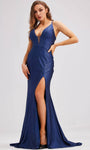 Sexy Sophisticated V-neck Mermaid Satin Spaghetti Strap Open-Back Lace-Up Back Zipper Slit Illusion Glittering Natural Waistline Evening Dress with a Brush/Sweep Train