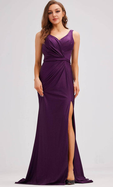 Sexy Sophisticated V-neck Satin Mermaid Slit Glittering Ruched Open-Back Back Zipper Gathered Natural Waistline Sleeveless Tank Evening Dress with a Brush/Sweep Train