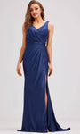 Sexy Sophisticated V-neck Natural Waistline Satin Glittering Slit Ruched Open-Back Gathered Back Zipper Mermaid Sleeveless Tank Evening Dress with a Brush/Sweep Train