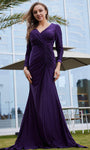 Sexy V-neck Satin Gathered Glittering Back Zipper Faux Wrap Slit Ruched Empire Waistline Long Sleeves Mermaid Evening Dress with a Brush/Sweep Train