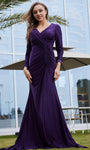 Sexy V-neck Empire Waistline Satin Faux Wrap Slit Ruched Gathered Back Zipper Glittering Mermaid Long Sleeves Evening Dress with a Brush/Sweep Train