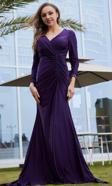 Sexy V-neck Mermaid Back Zipper Slit Glittering Ruched Faux Wrap Gathered Long Sleeves Satin Empire Waistline Evening Dress with a Brush/Sweep Train