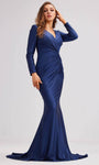 Sexy V-neck Empire Waistline Slit Gathered Ruched Faux Wrap Glittering Back Zipper Mermaid Satin Long Sleeves Evening Dress with a Brush/Sweep Train