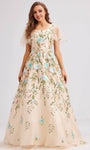 A-line Floral Print Tiered Embroidered Open-Back Back Zipper Sheer Square Neck Flutter Sleeves Tulle Natural Waistline Floor Length Evening Dress