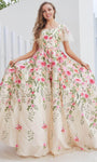 A-line Flutter Sleeves Tulle Floor Length Open-Back Tiered Back Zipper Embroidered Sheer Natural Waistline Floral Print Square Neck Evening Dress