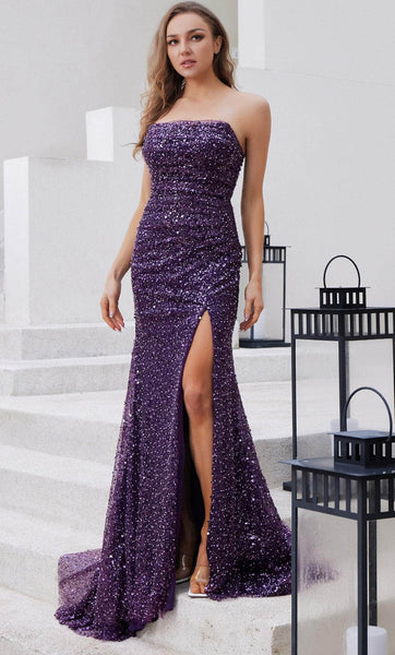 Strapless Mermaid Sequined Slit Back Zipper Draped Ruched Natural Waistline Straight Neck Evening Dress with a Brush/Sweep Train