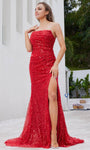 Strapless Mermaid Natural Waistline Back Zipper Draped Ruched Slit Sequined Straight Neck Evening Dress with a Brush/Sweep Train