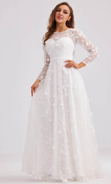 A-line Lace Long Sleeves Bateau Neck Sweetheart Floor Length Illusion Back Zipper Embroidered Applique Sheer Natural Waistline Floral Print Evening Dress