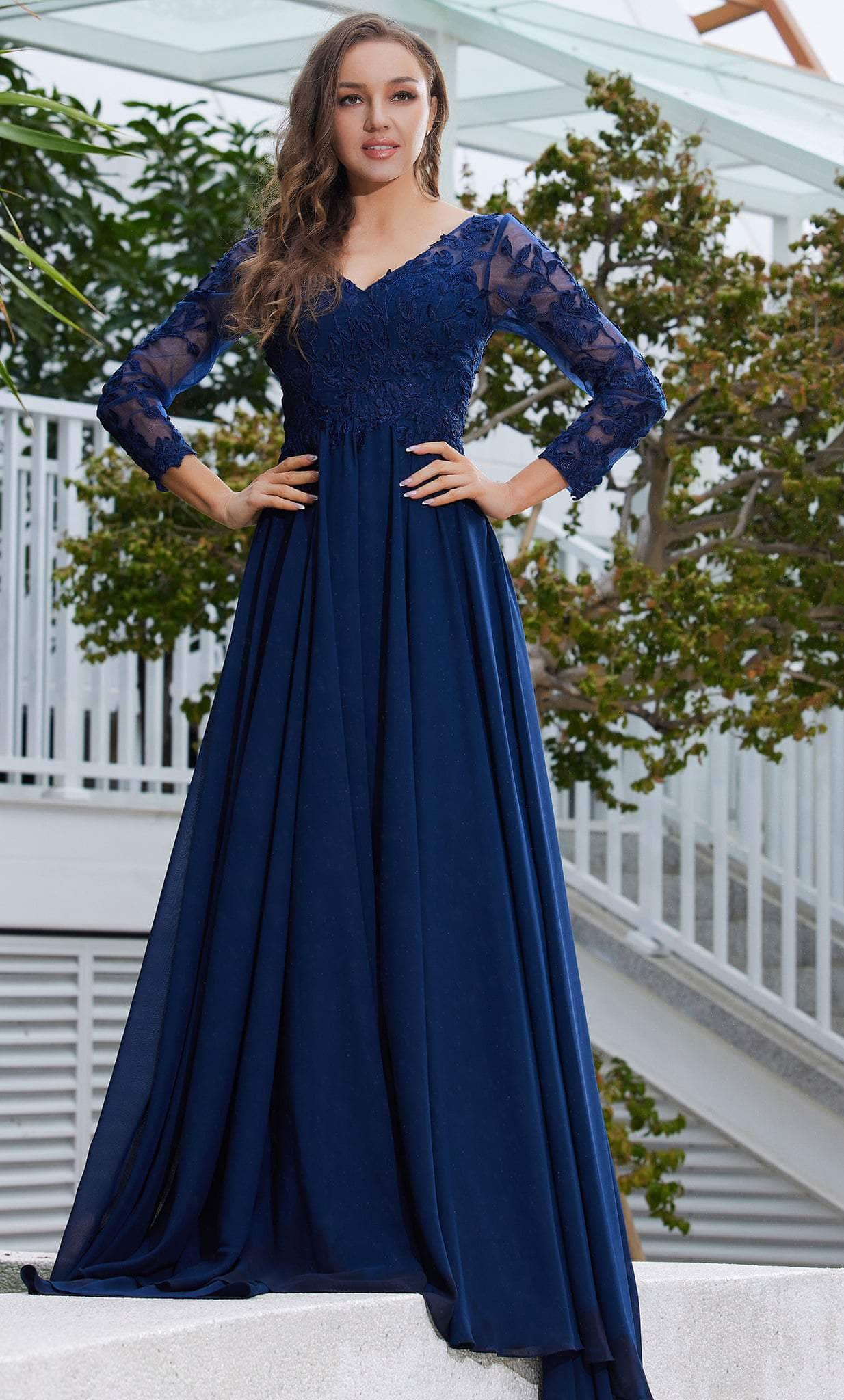 J'Adore Dresses J23037 - Long Sleeve Embroidered Evening Dress
