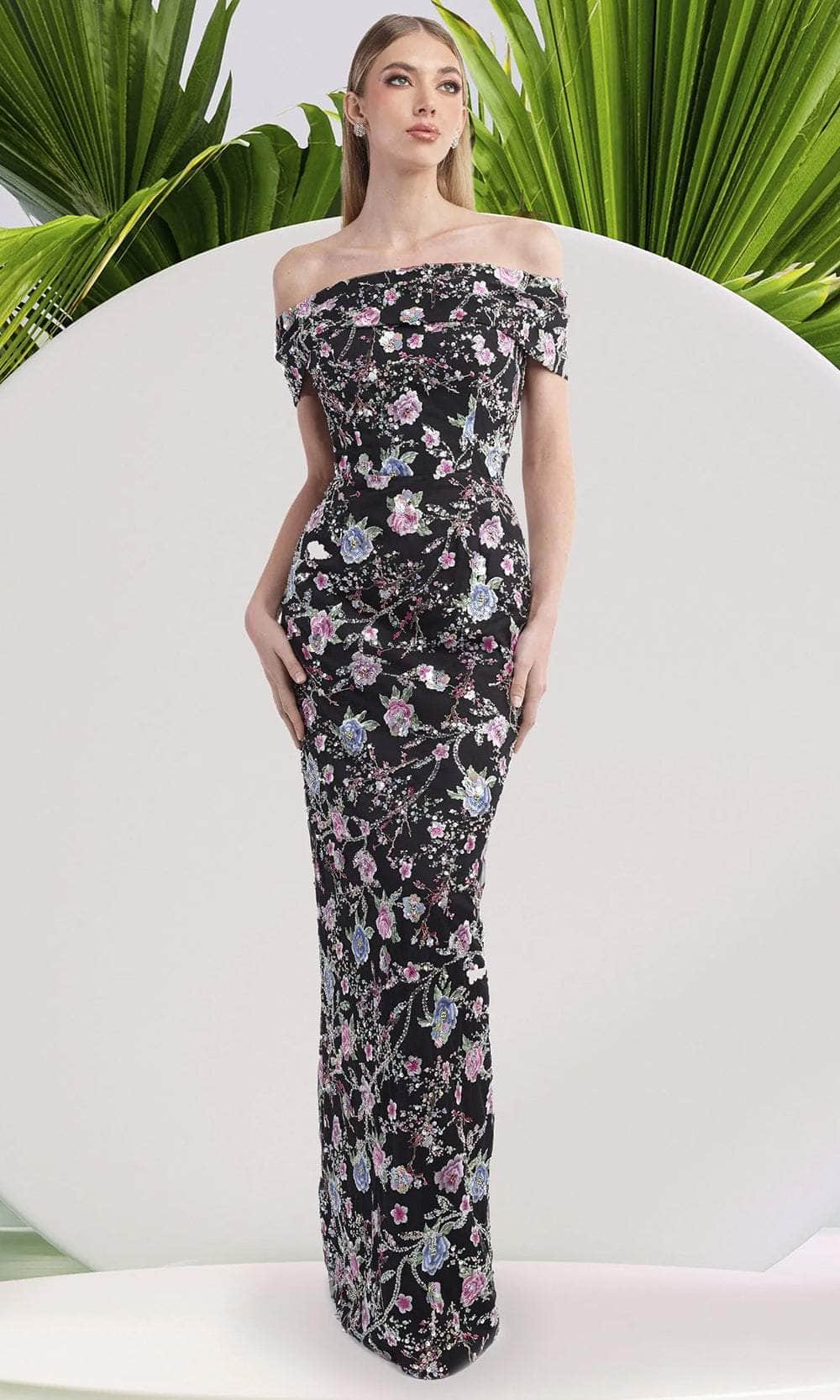 Janique 2444 - Floral Print Sheath Long Dress
