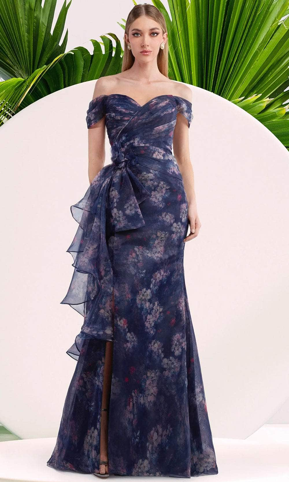 Janique W3017 - Ruffle Drape Floral Print Gown
