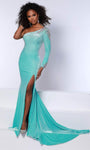 Sheath Long Sleeves Velvet Slit Beaded Jeweled Asymmetric Stretchy Natural Waistline Sheath Dress/Evening Dress with a Brush/Sweep Train