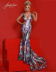 V-neck Mermaid Plunging Neck Natural Waistline Fitted Back Zipper Open-Back Sheer V Back Sequined Sleeveless Evening Dress with a Brush/Sweep Train