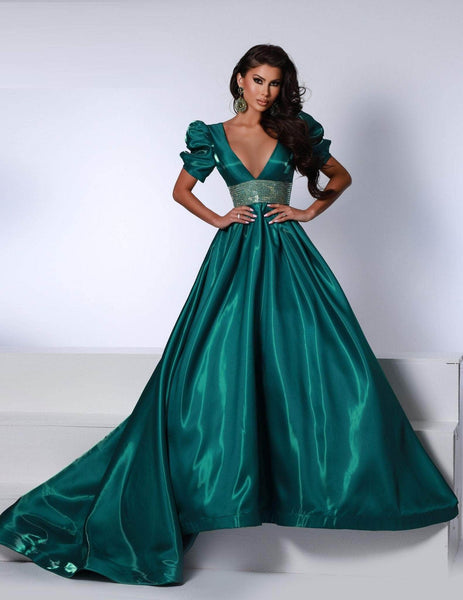 Sophisticated V-neck Short Puff Sleeves Short Sleeves Sleeves Plunging Neck Crystal Open-Back Pocketed Empire Waistline Satin Dress with a Court Train