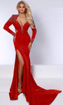 Sophisticated Queen Anne Neck Velvet Mermaid Mesh Open-Back Beaded Cutout Crystal Sheer Slit Natural Waistline Long Sleeves Evening Dress with a Brush/Sweep Train