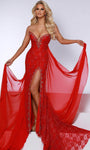 Tall V-neck Strapless Plunging Neck Beaded Trim Open-Back Sheer Slit Mesh Mermaid Natural Waistline Dress