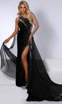 Natural Waistline Beaded Cutout Goddess Open-Back Asymmetric Sheer Mesh Slit Sheath Long Sleeves One Shoulder Sheath Dress/Evening Dress with a Brush/Sweep Train With Rhinestones